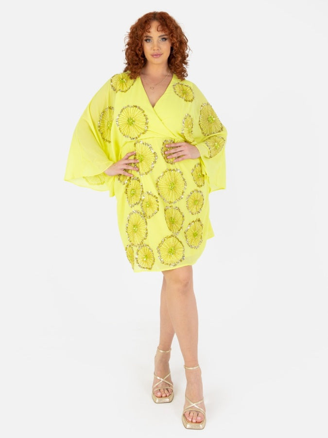 Maya Yellow Floral Motif Cape Sleeve Mini Dress