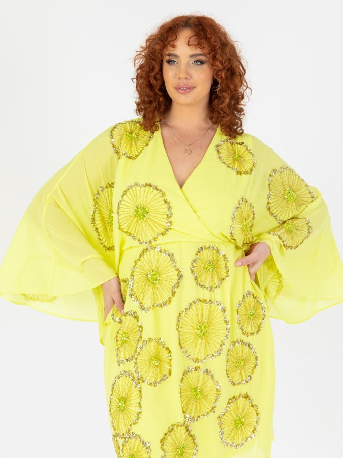 Maya Yellow Floral Motif Cape Sleeve Mini Dress