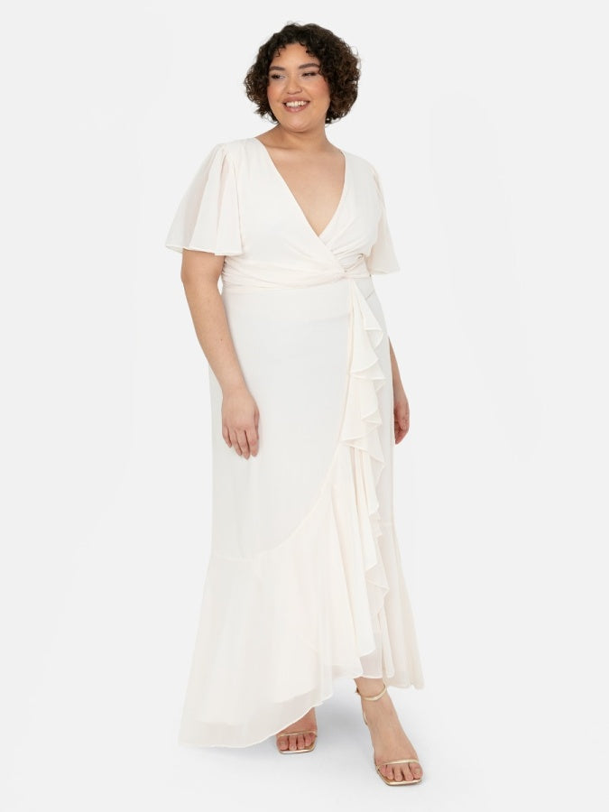 Anaya With Love Recycled Ivory Faux Wrap Ruffle Maxi Dress