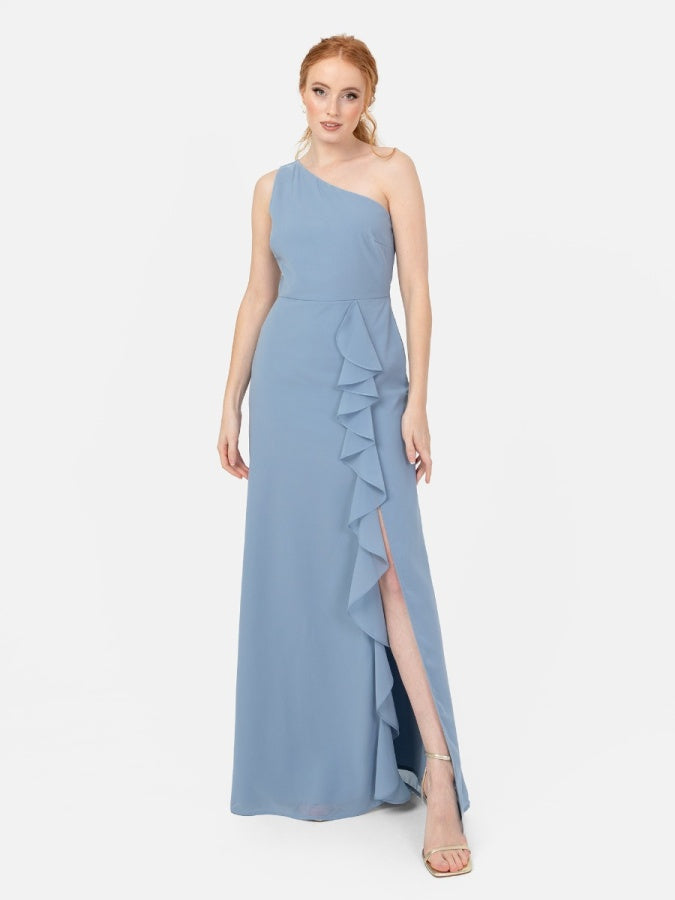Anaya With Love Recycled Soft Blue One Shoulder Waterfall Ruffle Maxi Dress