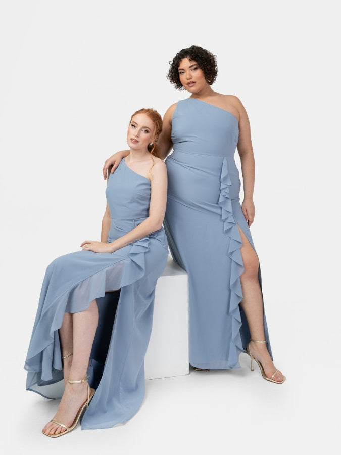 Anaya With Love Recycled Soft Blue One Shoulder Waterfall Ruffle Maxi Dress