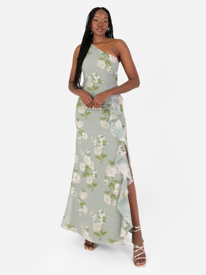 Anaya With Love Recycled Floral One Shoulder Waterfall Ruffle Maxi Dress