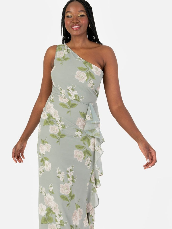 Anaya With Love Recycled Floral One Shoulder Waterfall Ruffle Maxi Dress