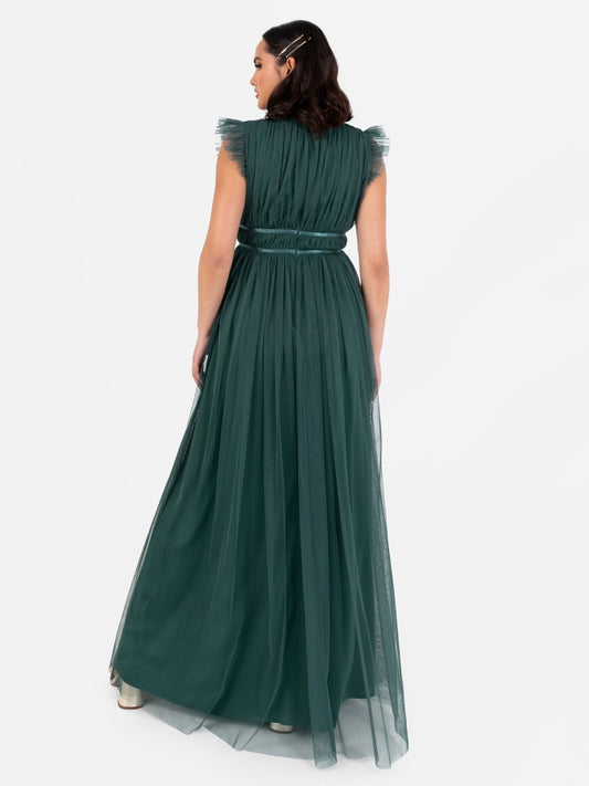 Anaya With Love Recycled Tulle Emerald Green V Neck Flutter Sleeve Maxi Dress