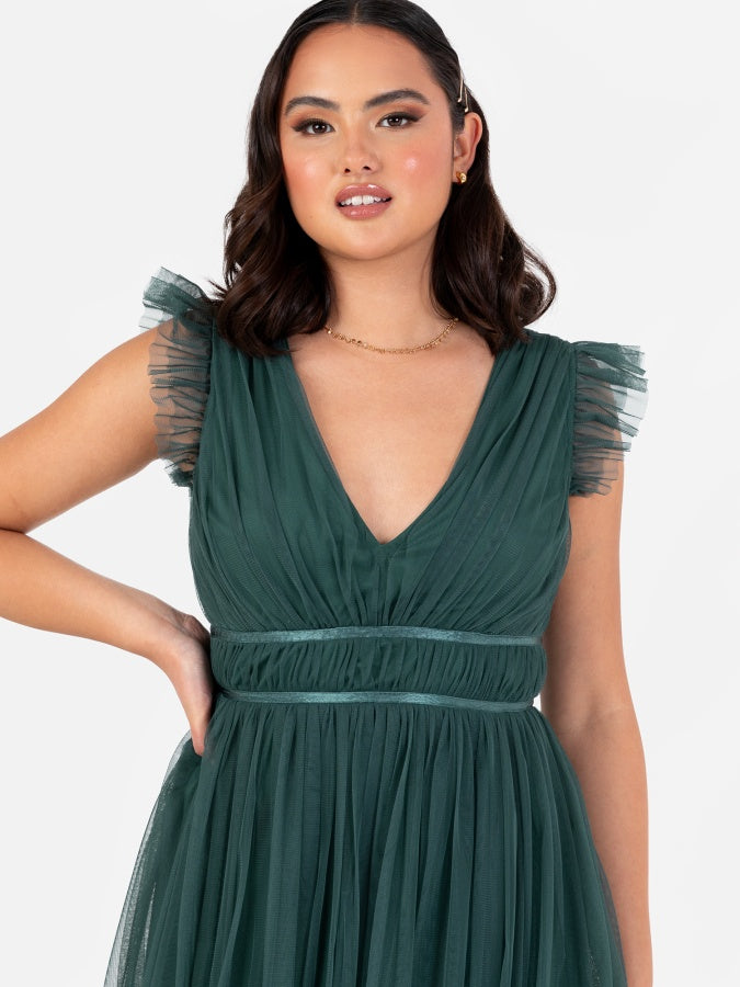 Anaya With Love Recycled Tulle Emerald Green V Neck Flutter Sleeve Maxi Dress