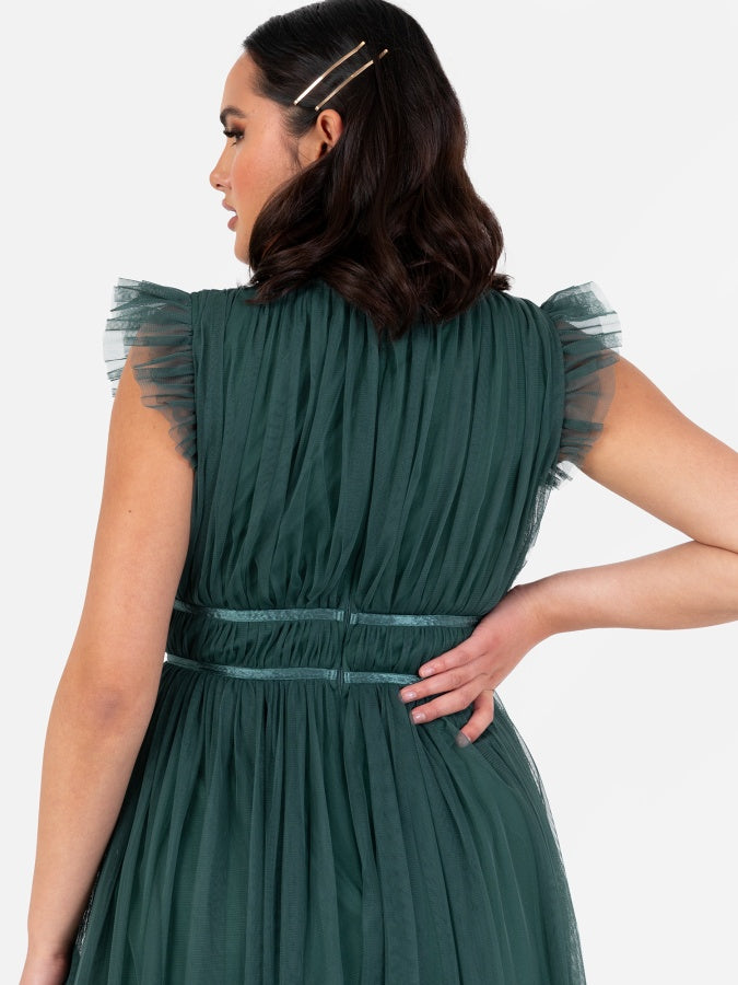 Anaya With Love Recycled Tulle Emerald Green V Neck Flutter Sleeve Maxi Dress