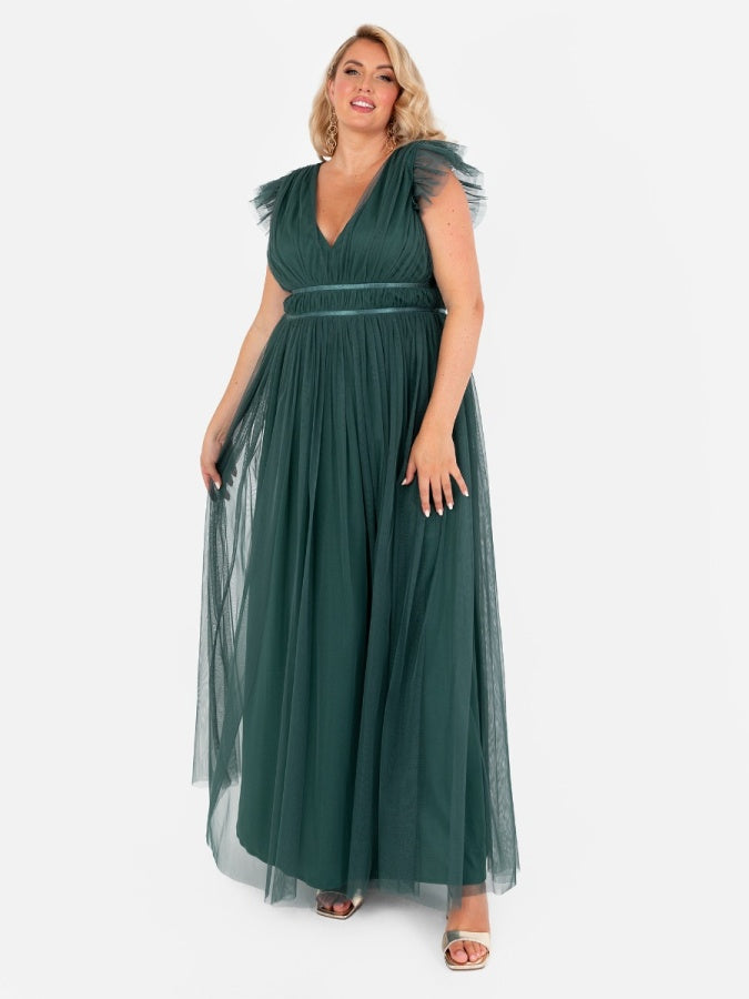 Anaya With Love Recycled Tulle Emerald Green V Neck Flutter Sleeve Maxi Dress