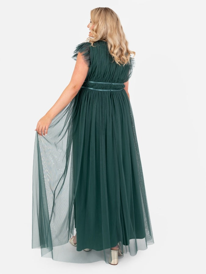 Anaya With Love Recycled Tulle Emerald Green V Neck Flutter Sleeve Maxi Dress