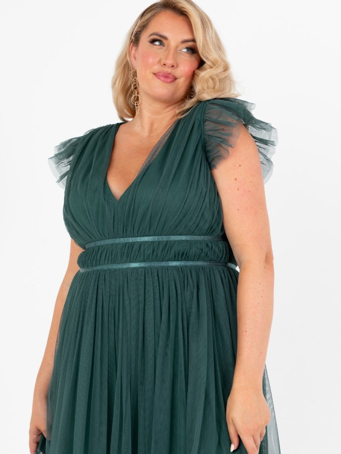 Anaya With Love Recycled Tulle Emerald Green V Neck Flutter Sleeve Maxi Dress