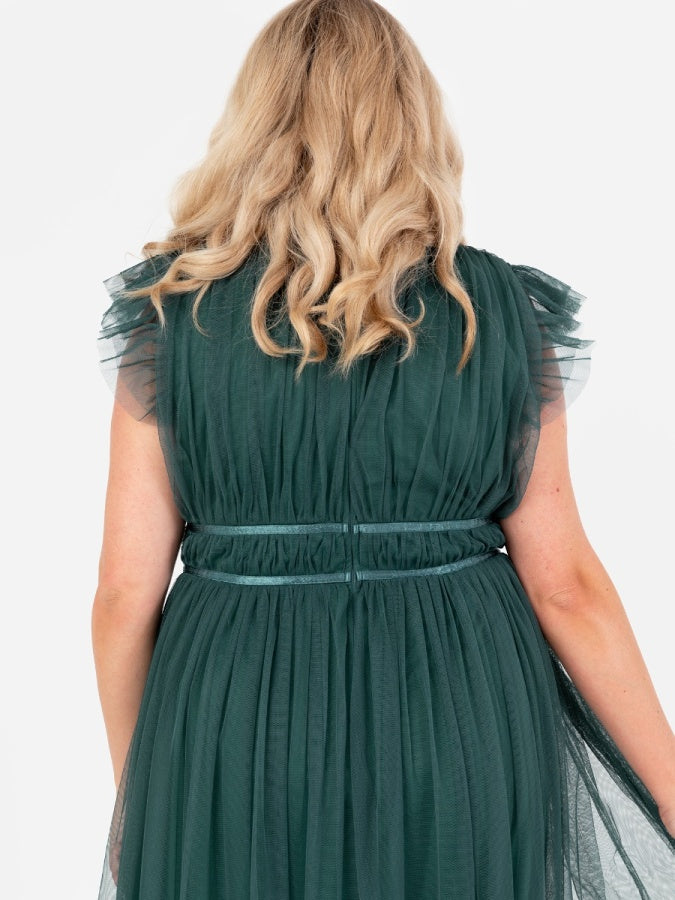 Anaya With Love Recycled Tulle Emerald Green V Neck Flutter Sleeve Maxi Dress