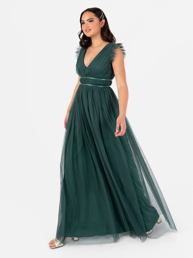 Anaya With Love Recycled Tulle Emerald Green V Neck Flutter Sleeve Maxi Dress