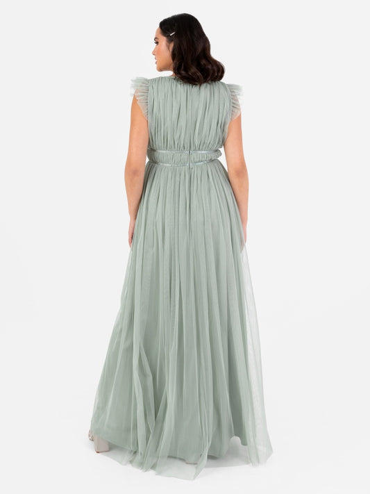 Anaya With Love Recycled Tulle Frosty Green V Neck Flutter Sleeve Maxi Dress