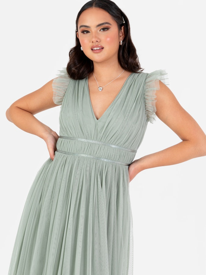 Anaya With Love Recycled Tulle Frosty Green V Neck Flutter Sleeve Maxi Dress