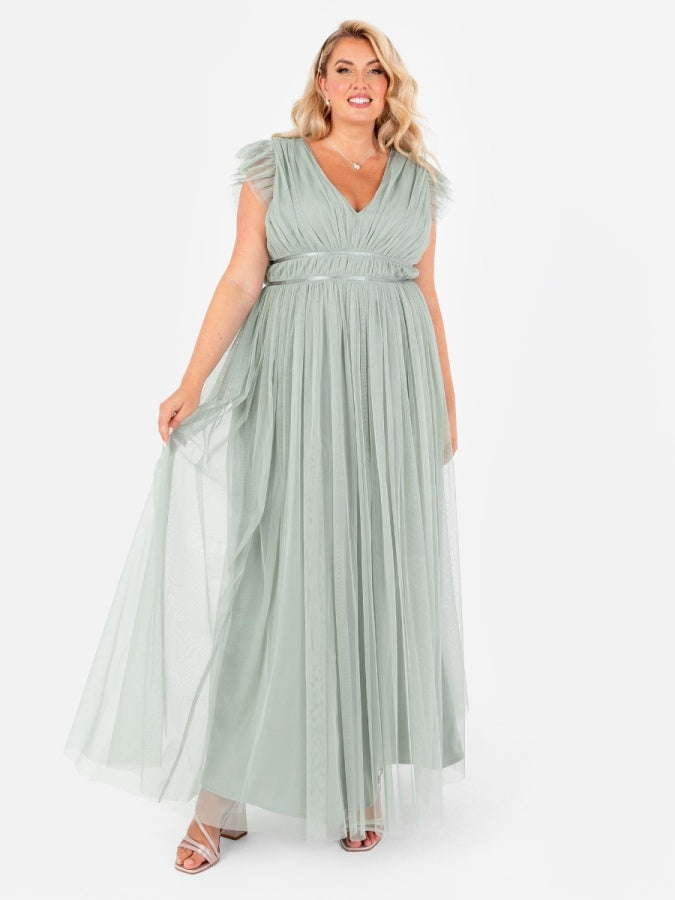 Anaya With Love Recycled Tulle Frosty Green V Neck Flutter Sleeve Maxi Dress