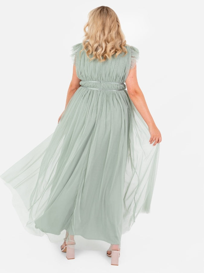 Anaya With Love Recycled Tulle Frosty Green V Neck Flutter Sleeve Maxi Dress