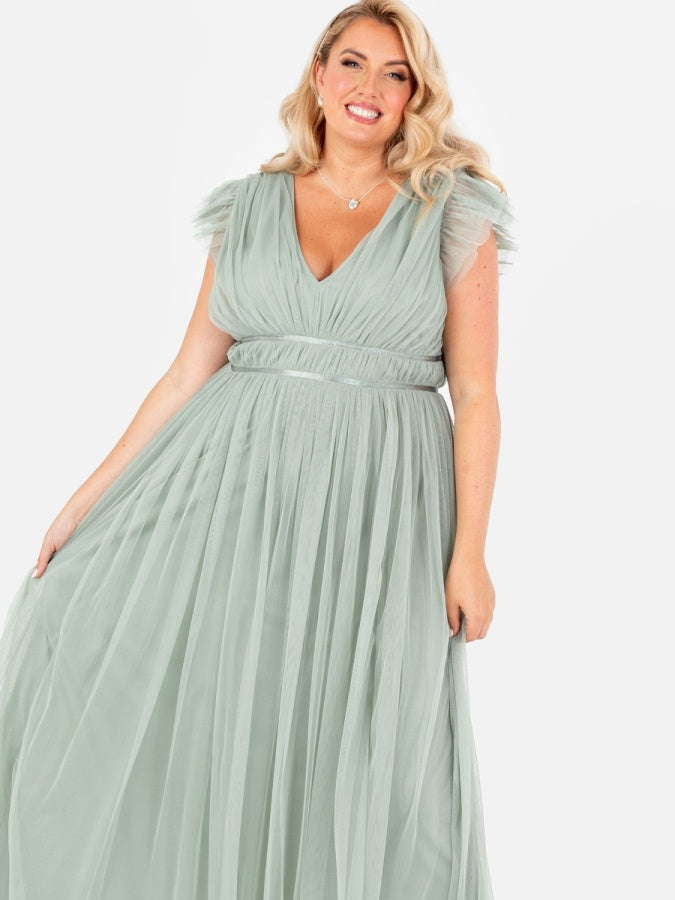 Anaya With Love Recycled Tulle Frosty Green V Neck Flutter Sleeve Maxi Dress
