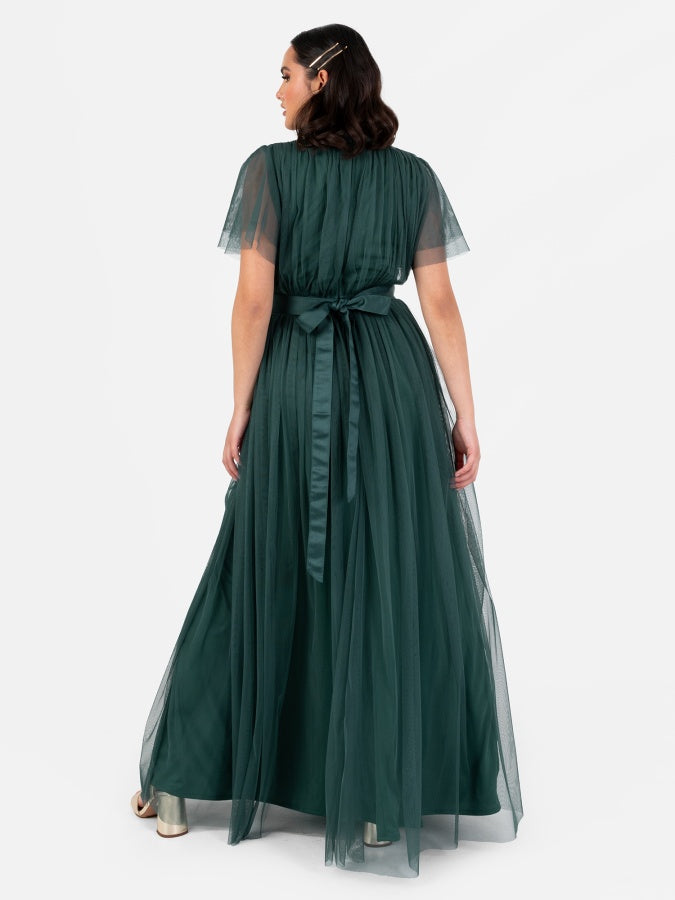 Anaya With Love Recycled Emerald Green Tulle Faux Wrap Short Sleeve Maxi Dress