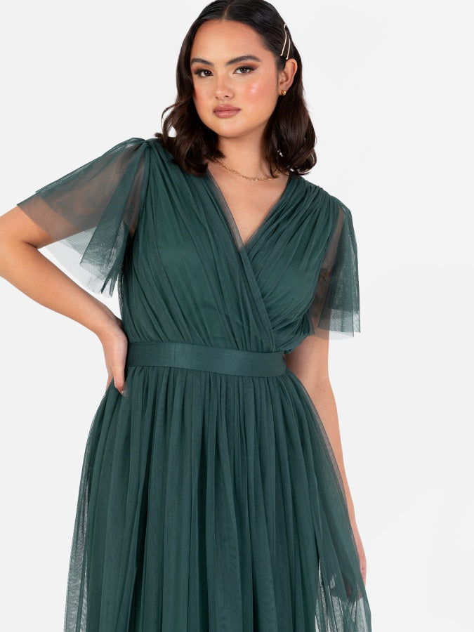 Anaya With Love Recycled Emerald Green Tulle Faux Wrap Short Sleeve Maxi Dress