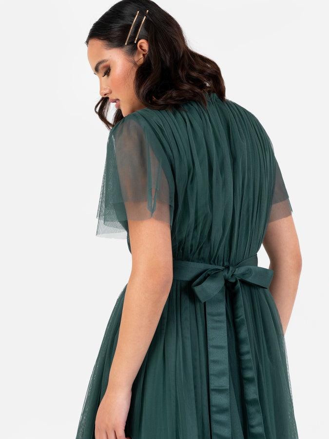 Anaya With Love Recycled Emerald Green Tulle Faux Wrap Short Sleeve Maxi Dress