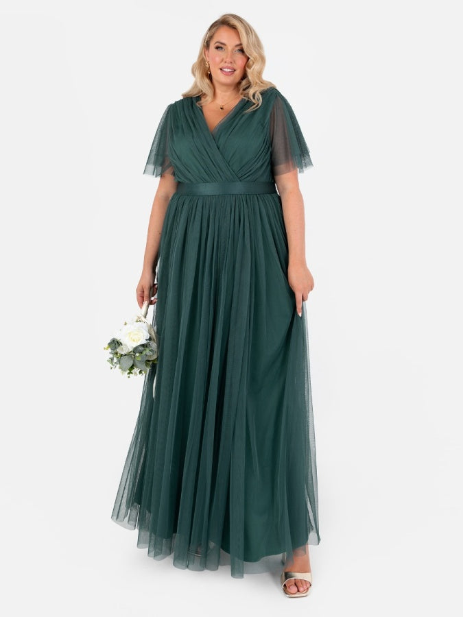 Anaya With Love Recycled Emerald Green Tulle Faux Wrap Short Sleeve Maxi Dress