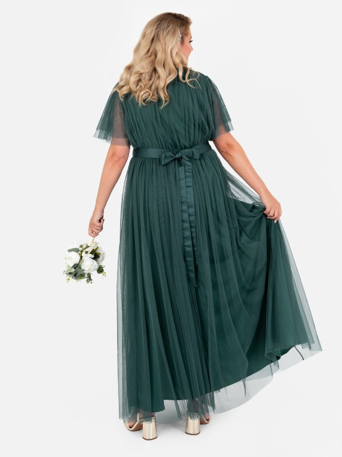 Anaya With Love Recycled Emerald Green Tulle Faux Wrap Short Sleeve Maxi Dress