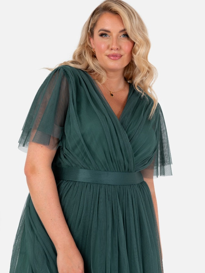 Anaya With Love Recycled Emerald Green Tulle Faux Wrap Short Sleeve Maxi Dress