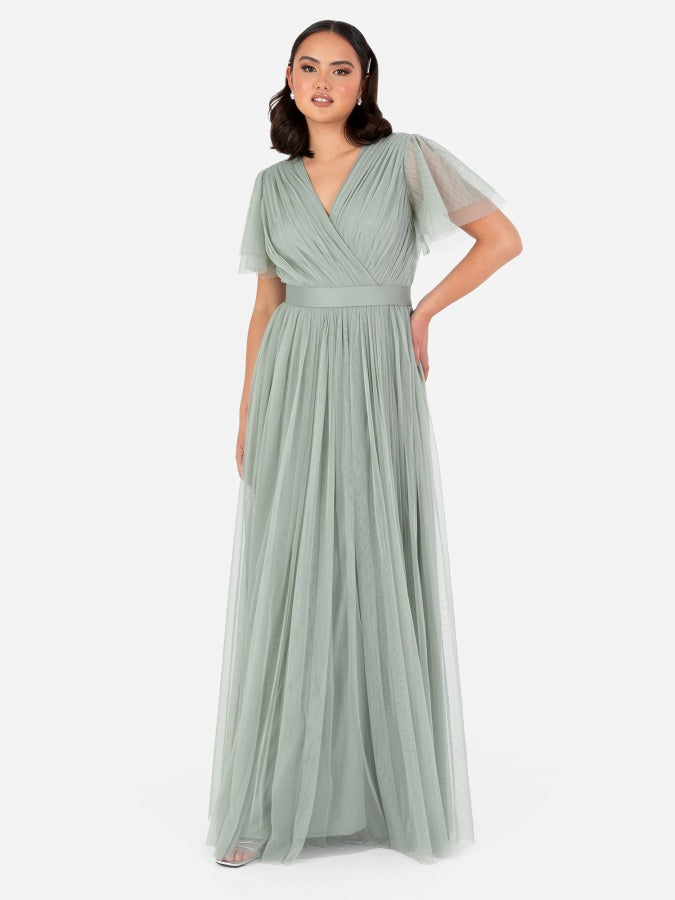 Anaya With Love Recycled Frosty Green Tulle Faux Wrap Short Sleeve Maxi Dress