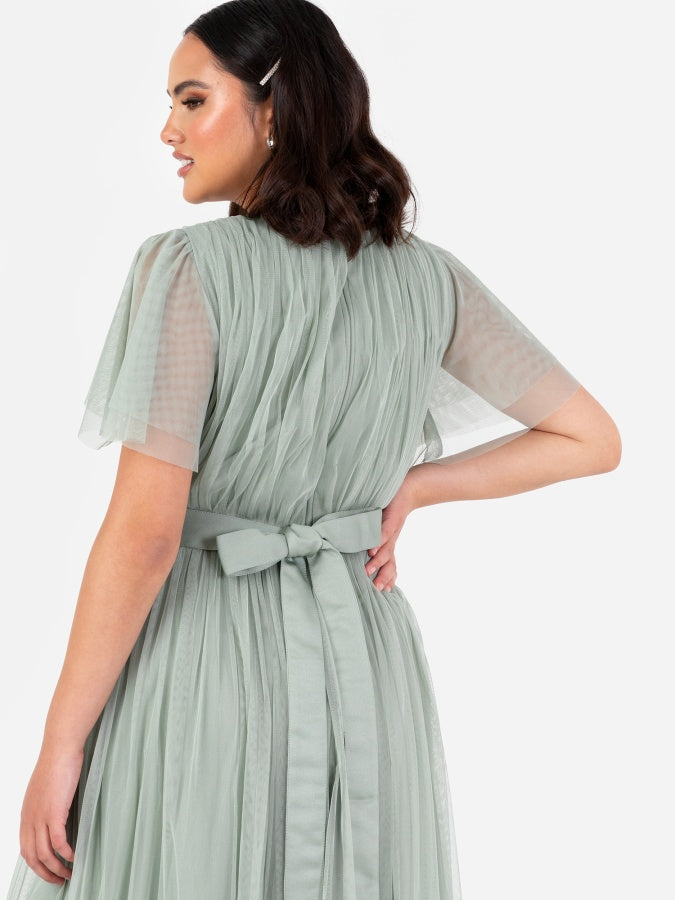 Anaya With Love Recycled Frosty Green Tulle Faux Wrap Short Sleeve Maxi Dress