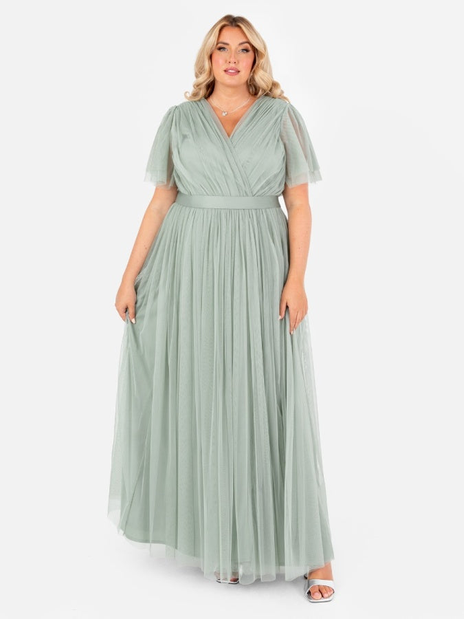 Anaya With Love Recycled Frosty Green Tulle Faux Wrap Short Sleeve Maxi Dress