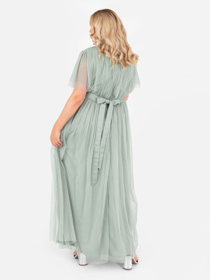 Anaya With Love Recycled Frosty Green Tulle Faux Wrap Short Sleeve Maxi Dress