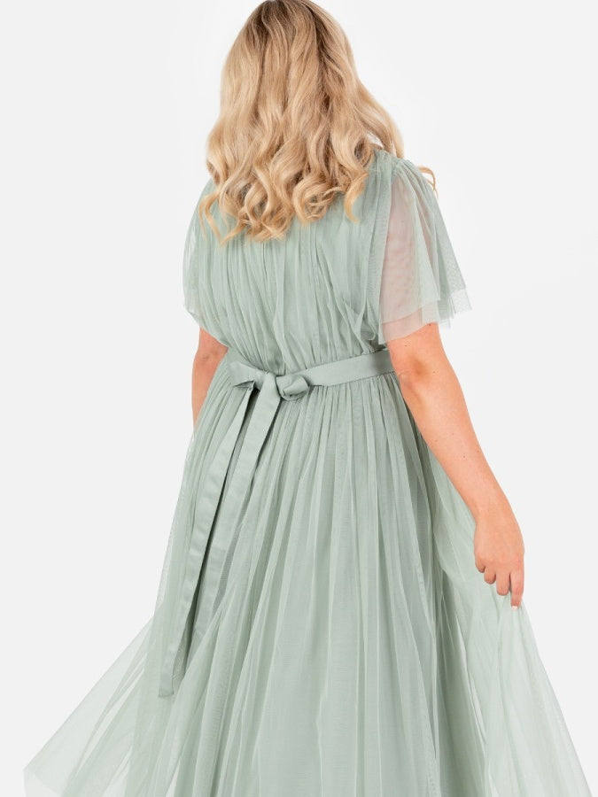 Anaya With Love Recycled Frosty Green Tulle Faux Wrap Short Sleeve Maxi Dress