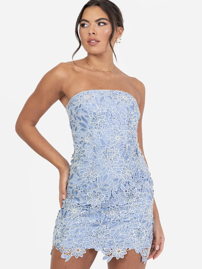 embellished lace bandeau mini dress in blue FISHNET MINI BANDEAU - BLUE