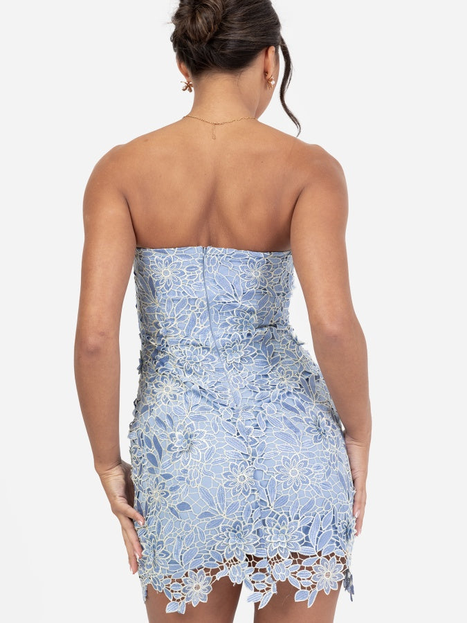 Maya Blue Floral Lace Bandeau Mini Dress