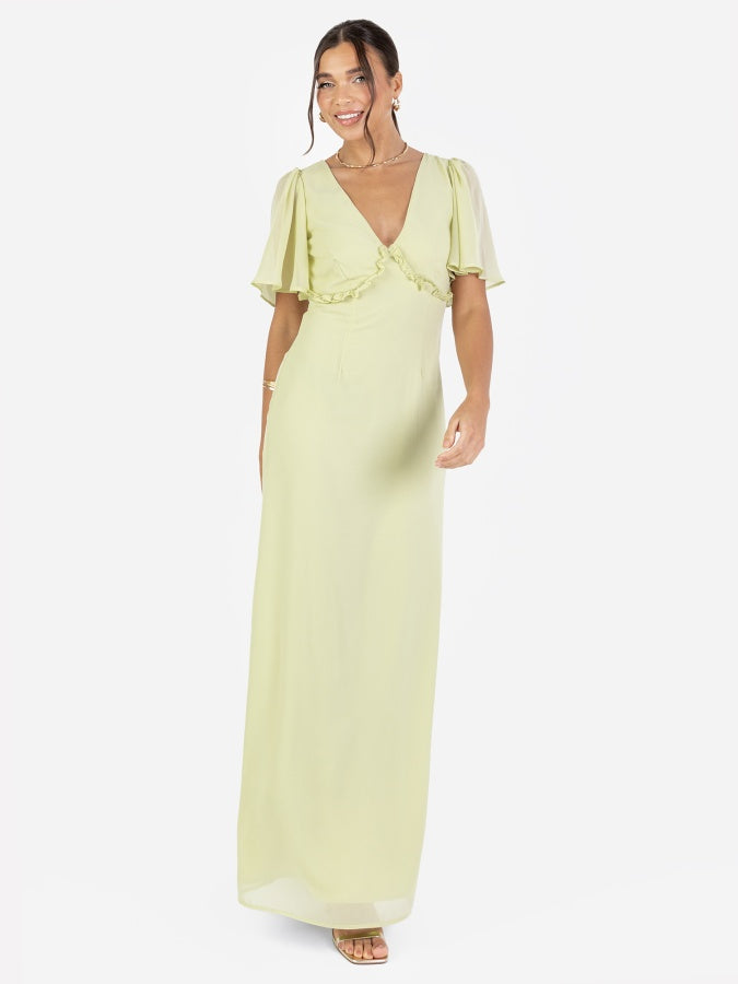 Anaya With Love Recycled Spring Green V Neck Short Flutter Sleeve Maxi Dress with Frill Detail