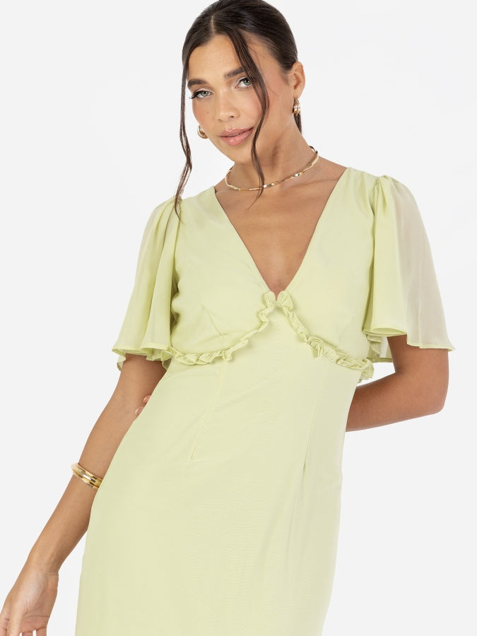 Anaya With Love Recycled Spring Green V Neck Short Flutter Sleeve Maxi Dress with Frill Detail