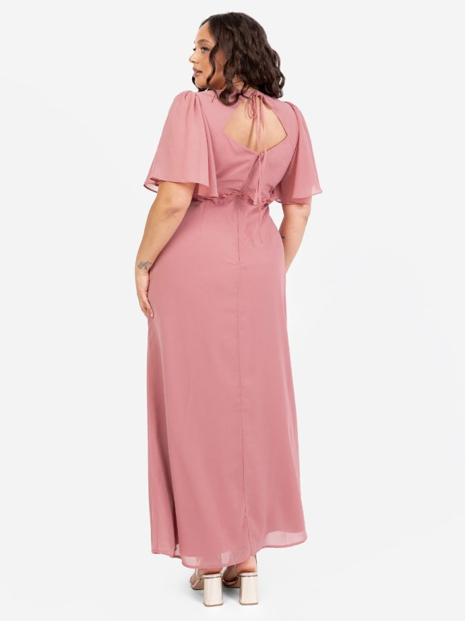Anaya With Love Recycled Dusty Rose V Neck Short Flutter Sleeve Maxi Dress with Frill Detail