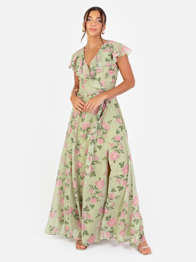 Anaya With Love Recycled Green Floral Print Cape Sleeve Maxi Dress