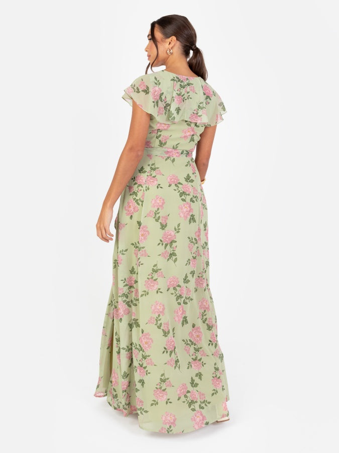 Anaya With Love Recycled Green Floral Print Cape Sleeve Maxi Dress