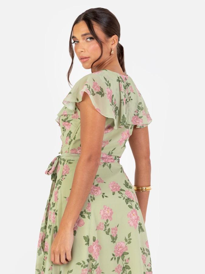 Anaya With Love Recycled Green Floral Print Cape Sleeve Maxi Dress