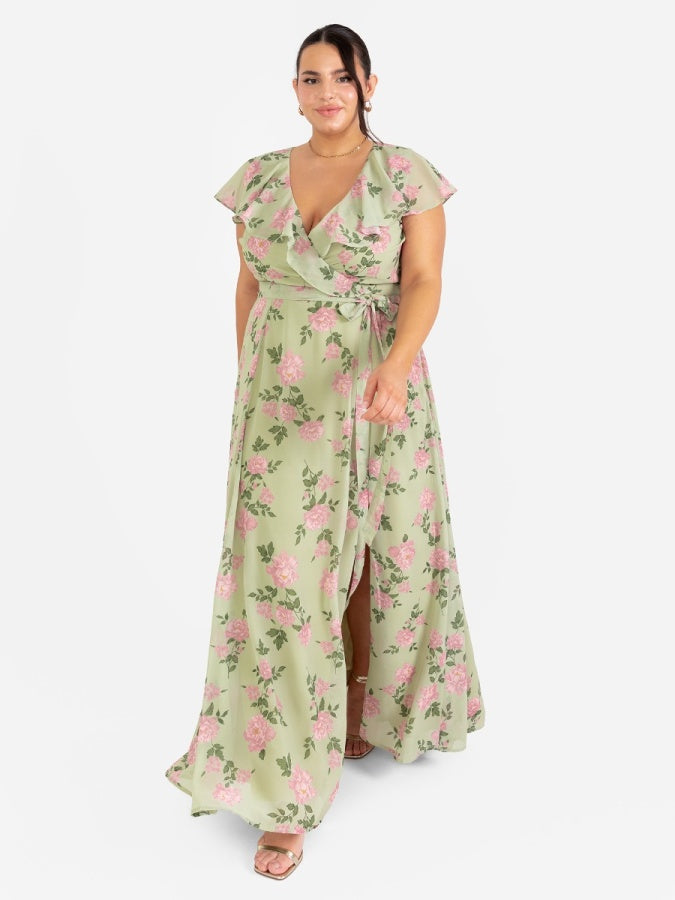 Anaya With Love Recycled Green Floral Print Cape Sleeve Maxi Dress