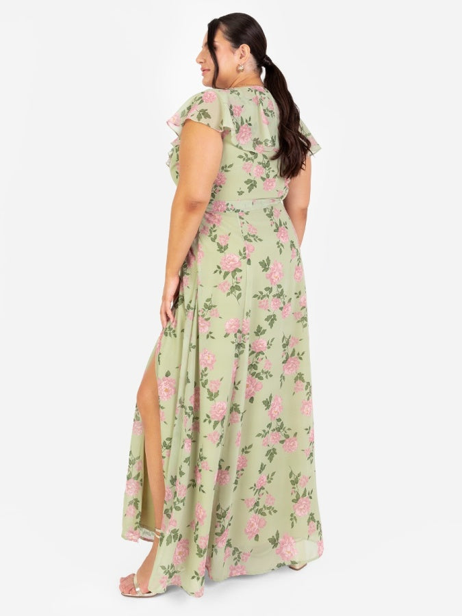 Anaya With Love Recycled Green Floral Print Cape Sleeve Maxi Dress