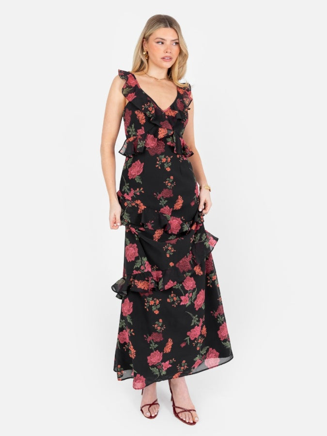 Anaya With Love Recycled Floral Strappy Black Maxi Dress with Ruffle Detail