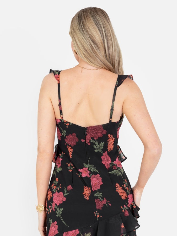 Anaya With Love Recycled Floral Strappy Black Maxi Dress with Ruffle Detail