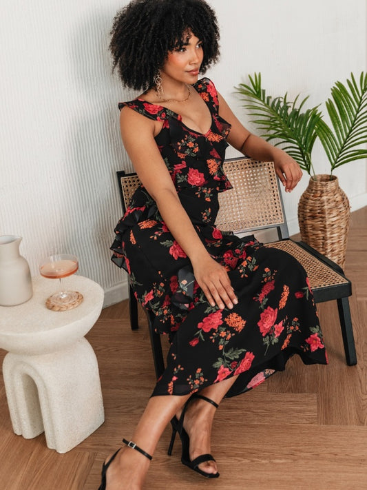 Anaya With Love Recycled Floral Strappy Black Maxi Dress with Ruffle Detail