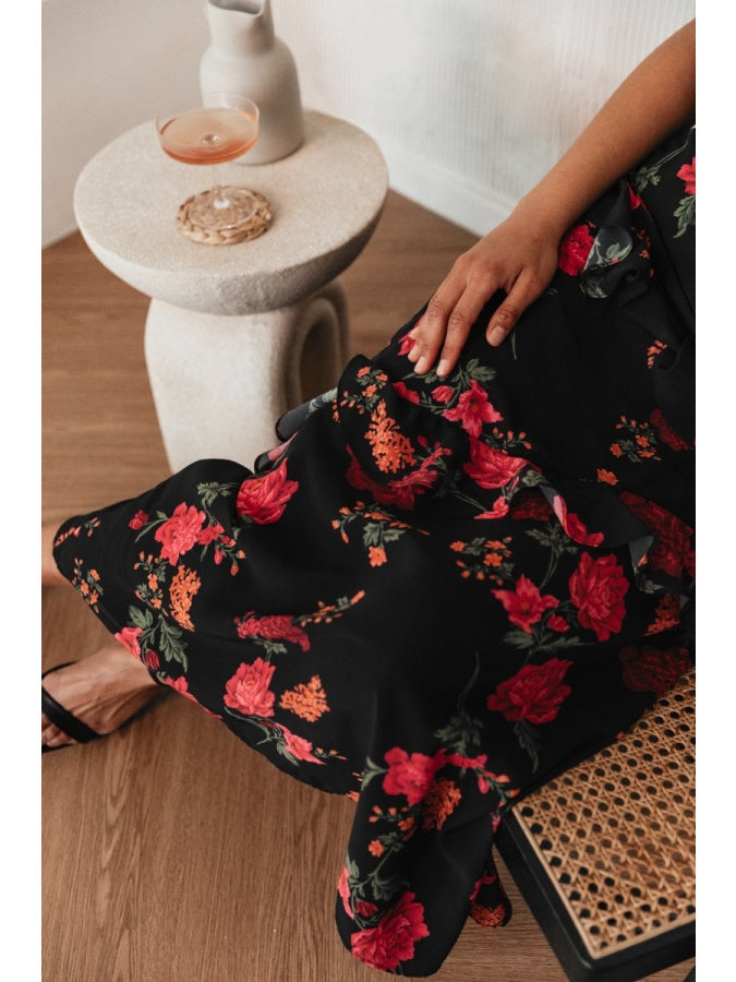 Anaya With Love Recycled Floral Strappy Black Maxi Dress with Ruffle Detail