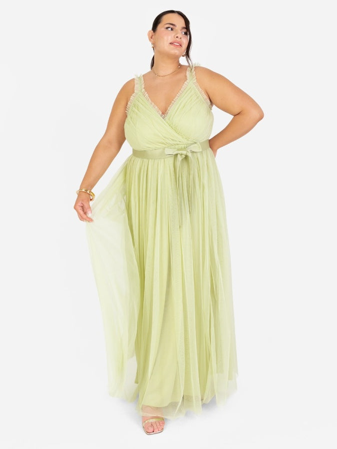 Anaya With Love Recycled Spring Green Frill Detail Faux Wrap Strappy Maxi Dress