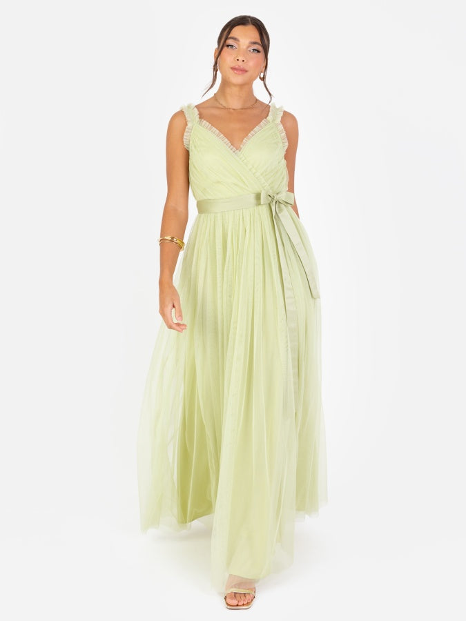 Anaya With Love Recycled Spring Green Frill Detail Faux Wrap Strappy Maxi Dress