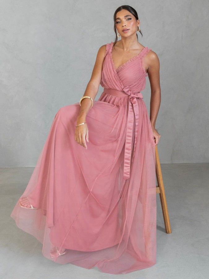Anaya With Love Recycled Dusty Rose Frill Detail Faux Wrap Strappy Maxi Dress