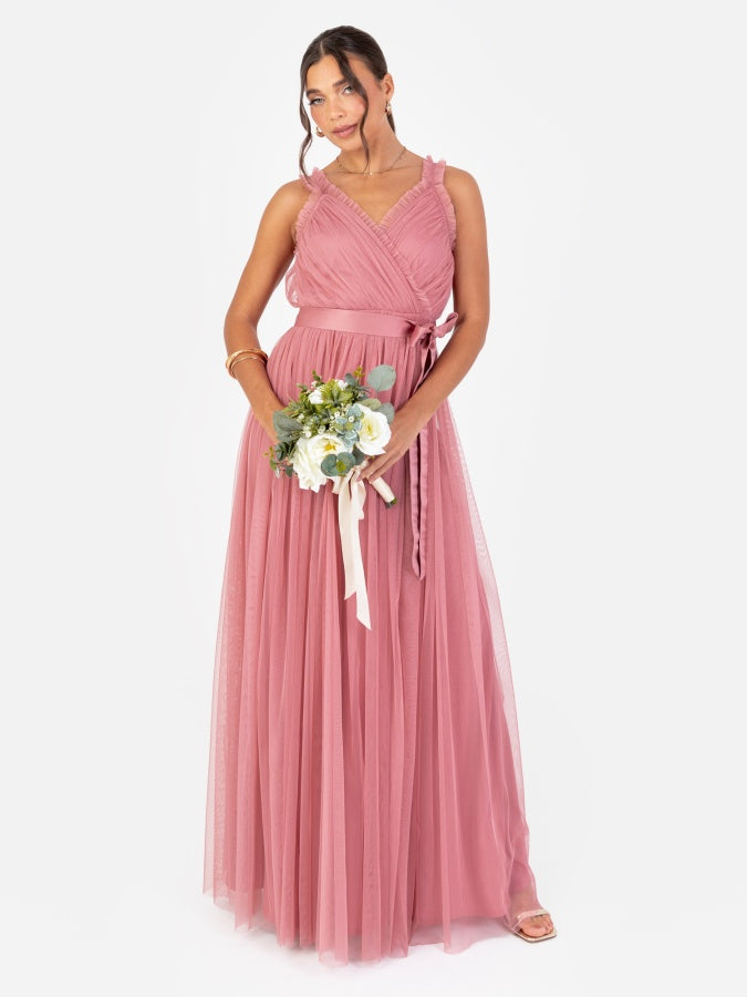 Anaya With Love Recycled Dusty Rose Frill Detail Faux Wrap Strappy Maxi Dress