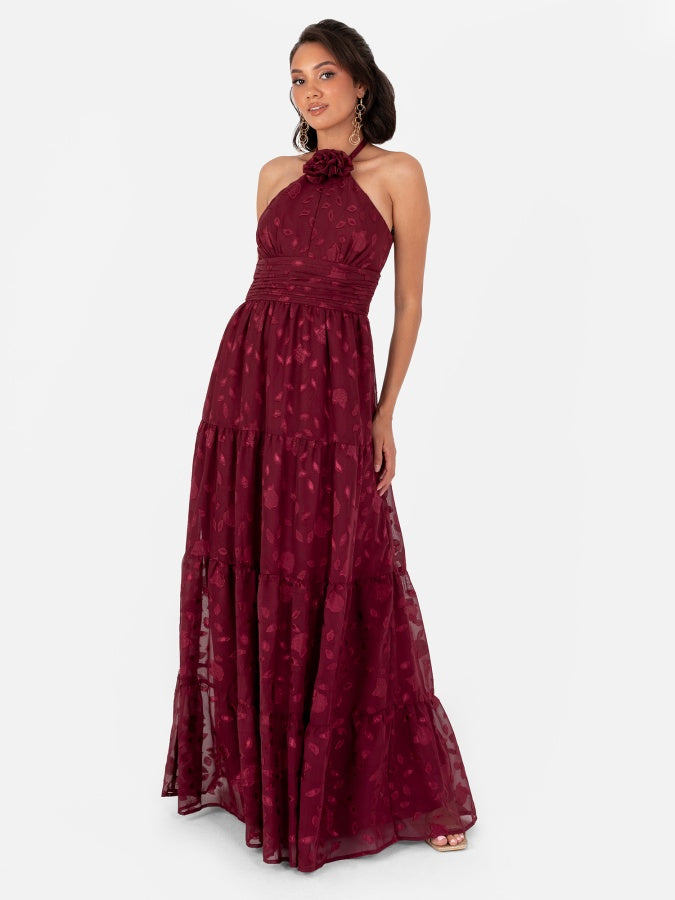 Maya Burgundy Corsage Halter Floral Maxi Dress